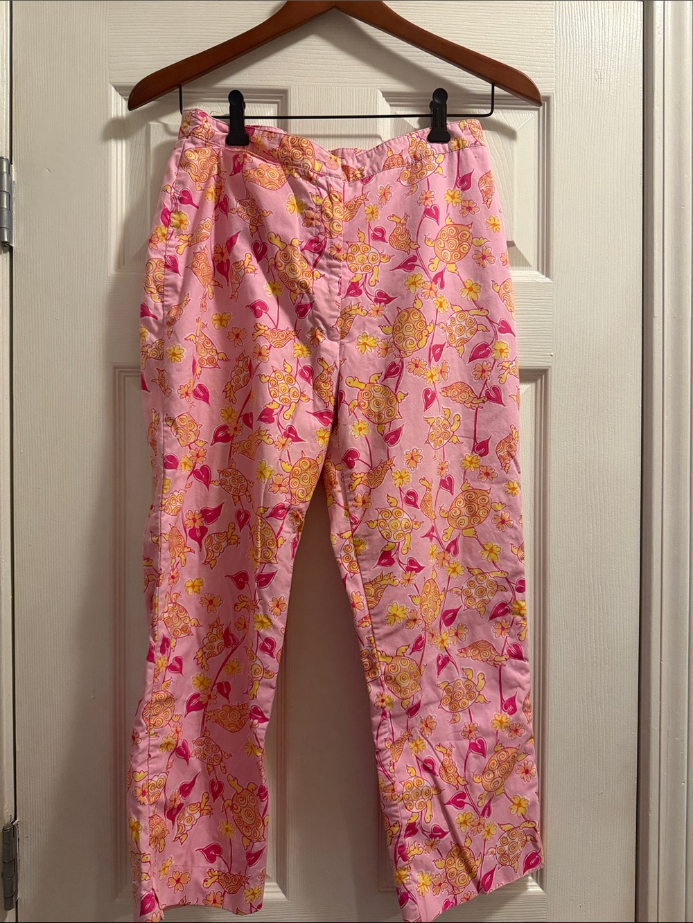 Lilly Pulitzer Pink Cropped Floral Pants with Yellow & Fuchsia Turtle Print